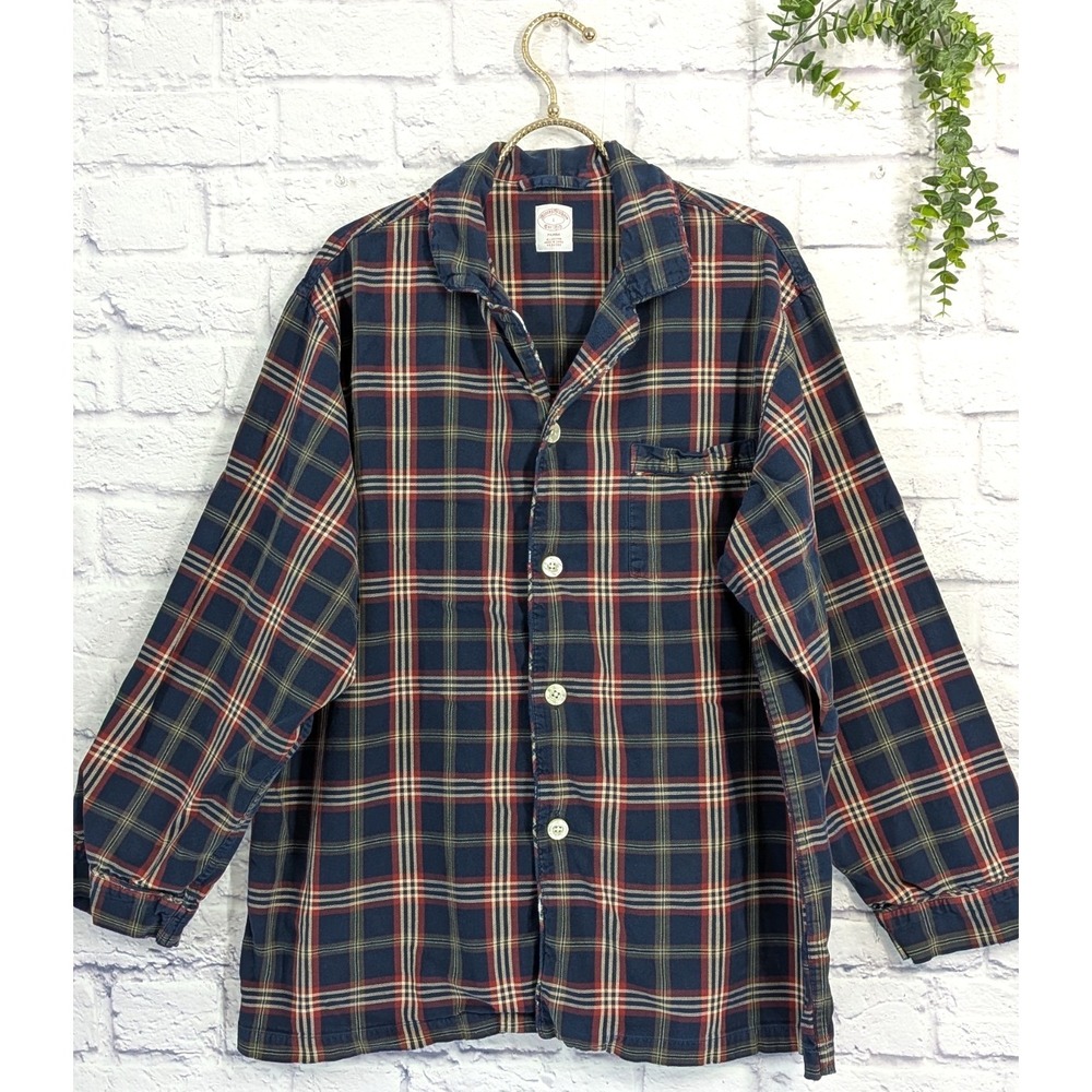 PLAID!😍Mens L Brooks Brothers Sleep Shirt 100% Cotton Blue Chambray Pajamas PJs